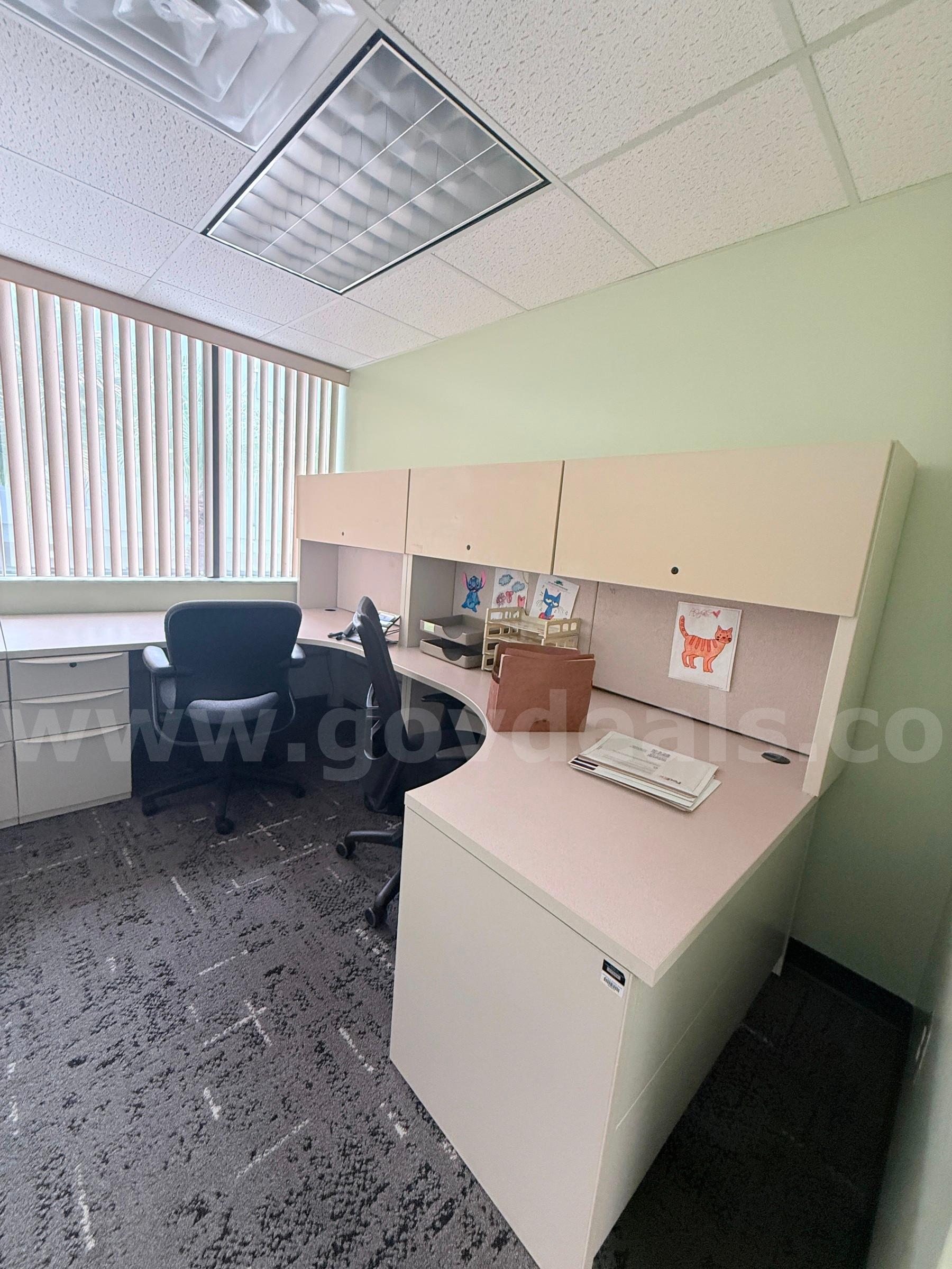 U-Shaped Office Workstation Desk with Overhead Storage Cabinets   Government Surplus Auction - Primary Photo