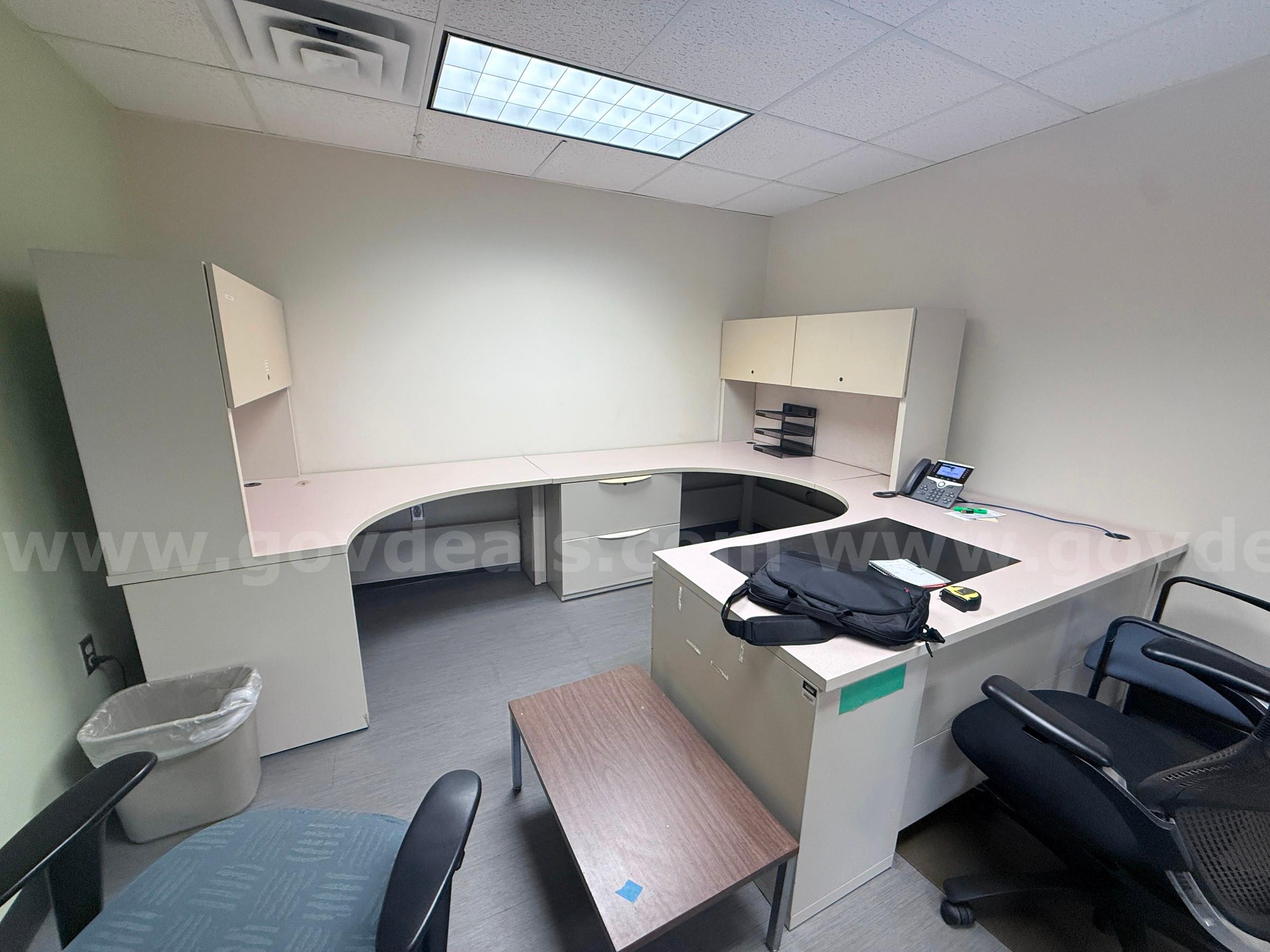 U-Shaped Office Workstation Desk with Overhead Cabinets and Storage   Government Surplus Auction - Primary Photo
