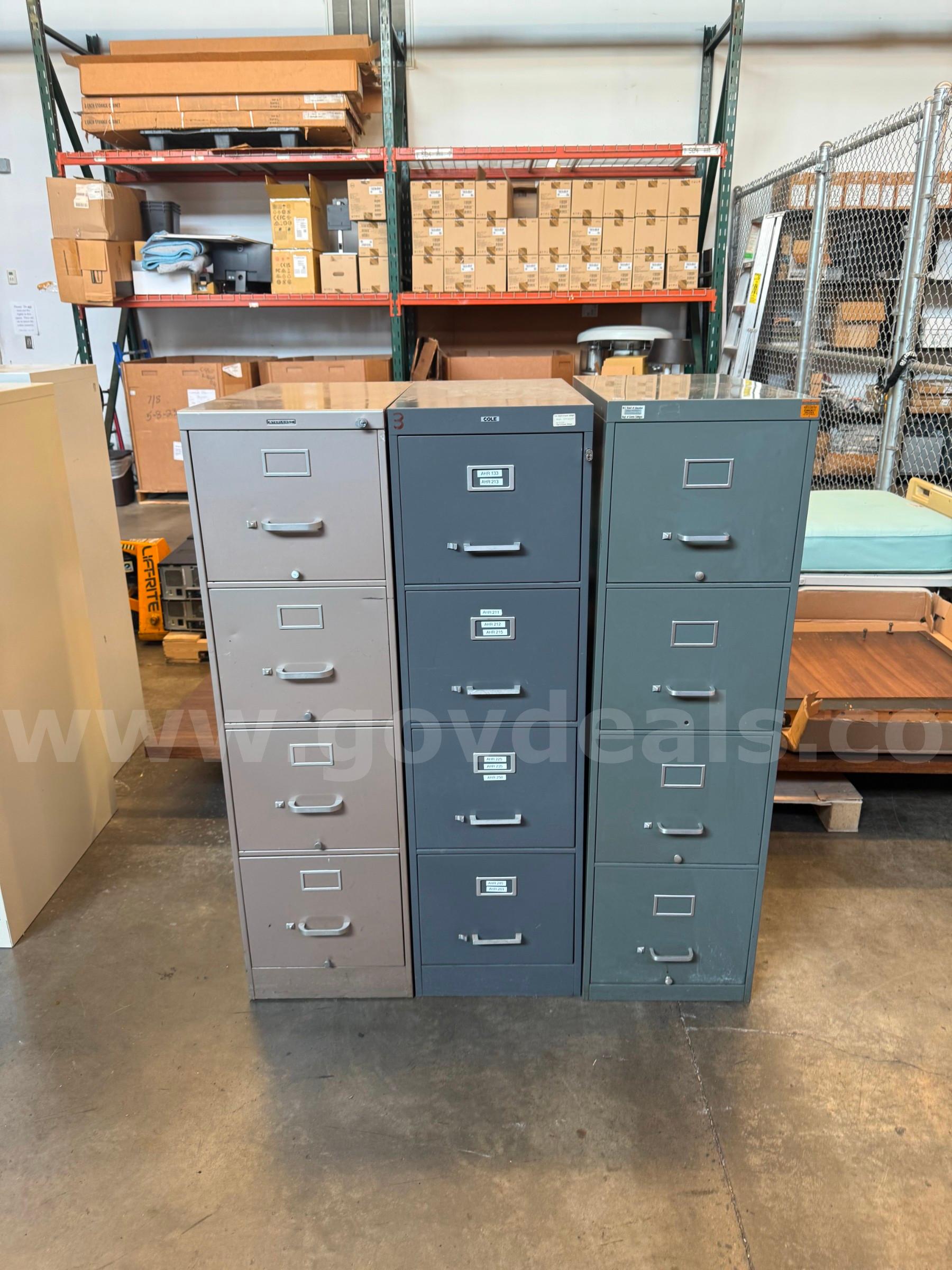 Lot of 3 Four-Drawer Metal Filing Cabinets   Government Surplus Auction - Primary Photo