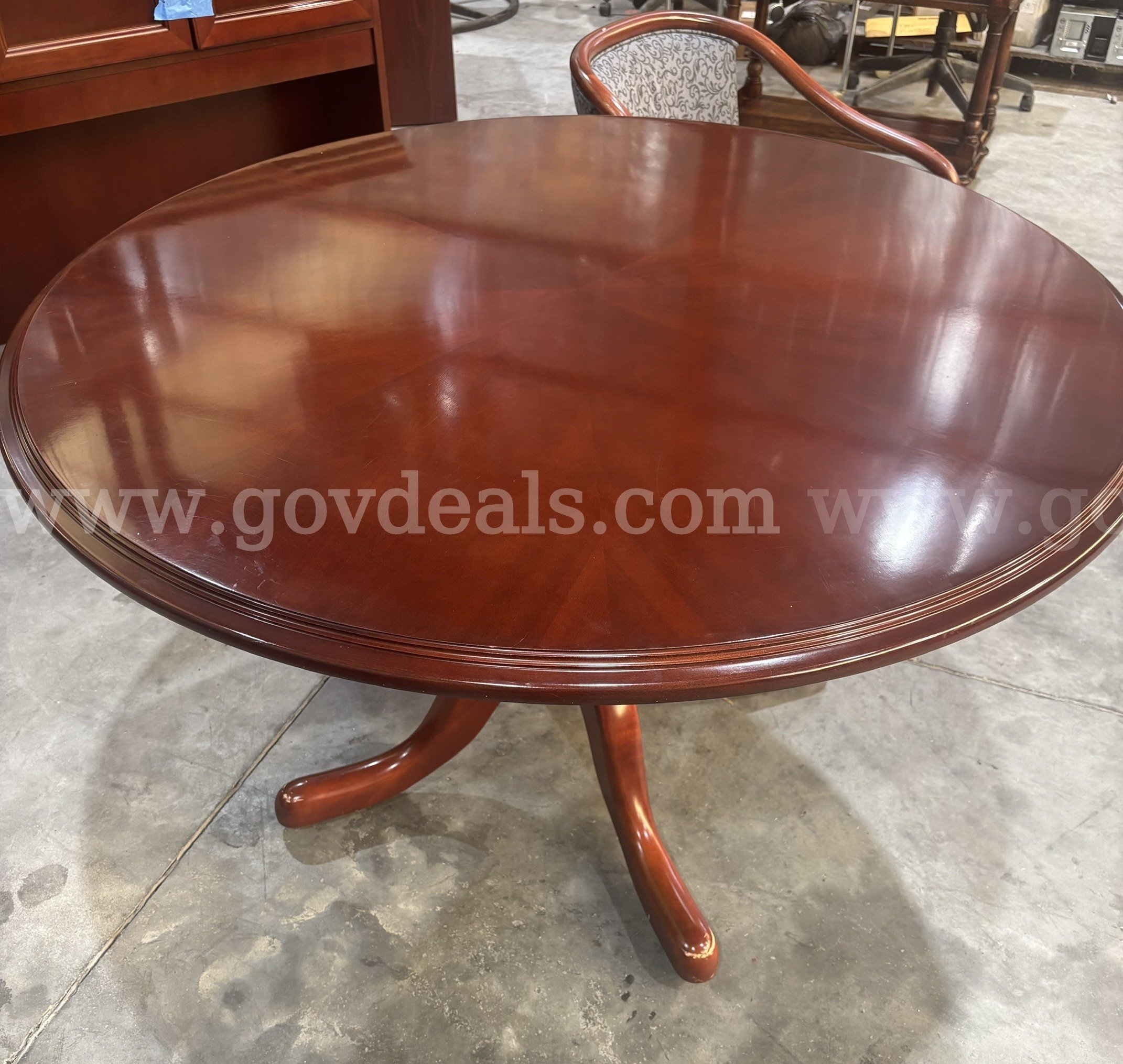 Round Cherry Office Table with Upholstered Armchair   Government Surplus Auction - Primary Photo