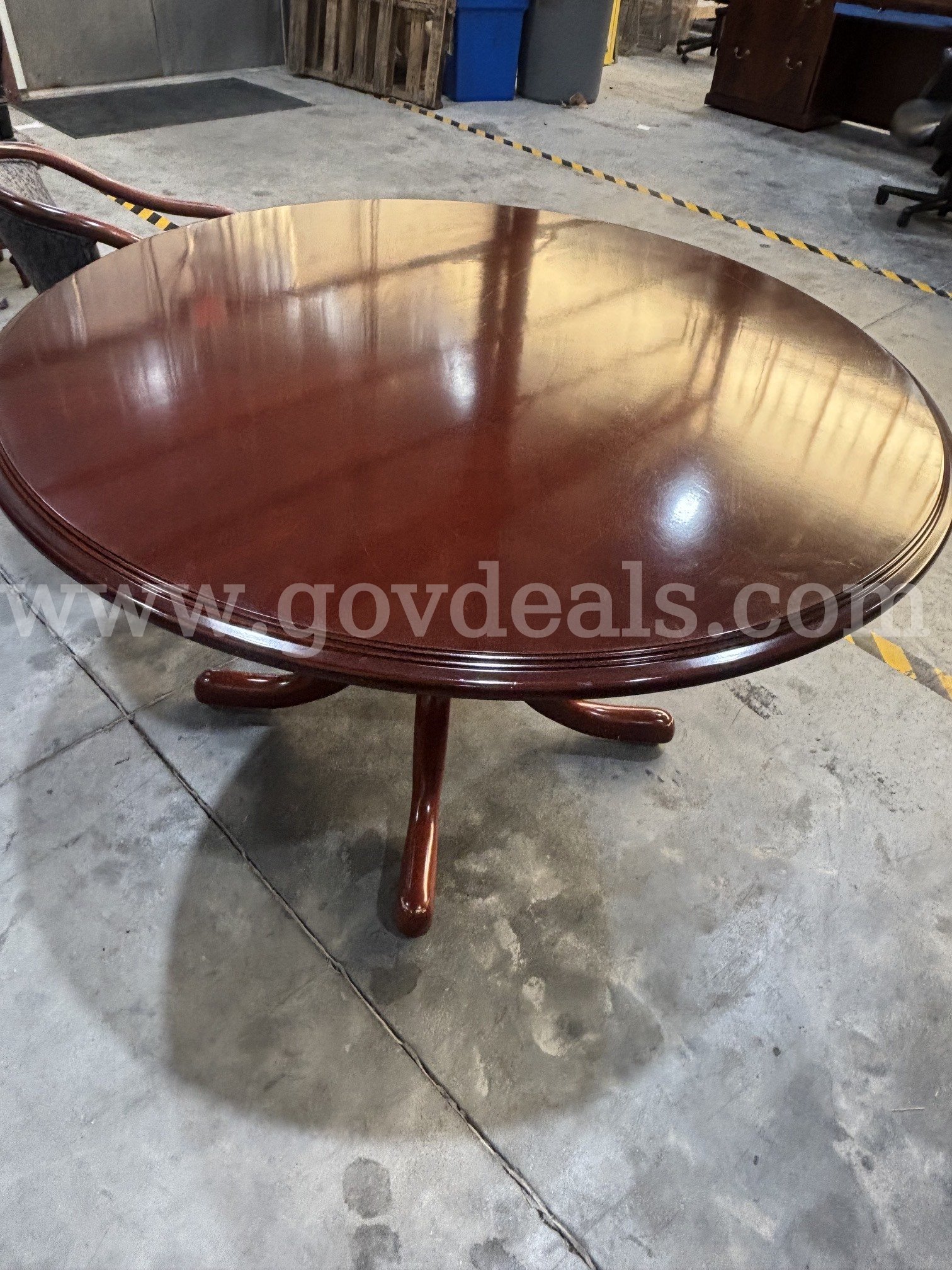 Round Cherry Office Table with Upholstered Armchair   Government Surplus Auction - Photo #3