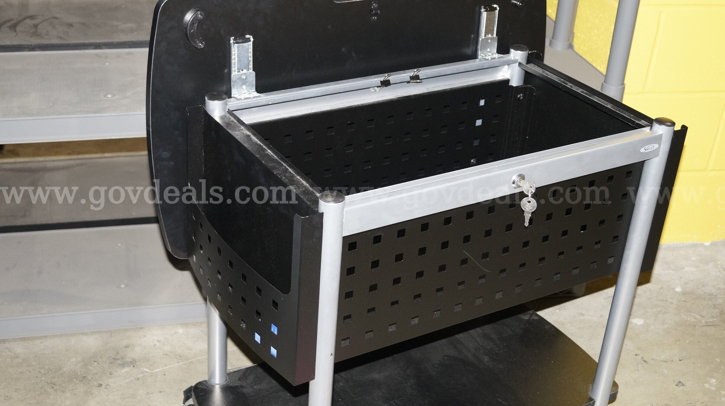 4 Plastic shelving units, 2 rolling files and mail sorter