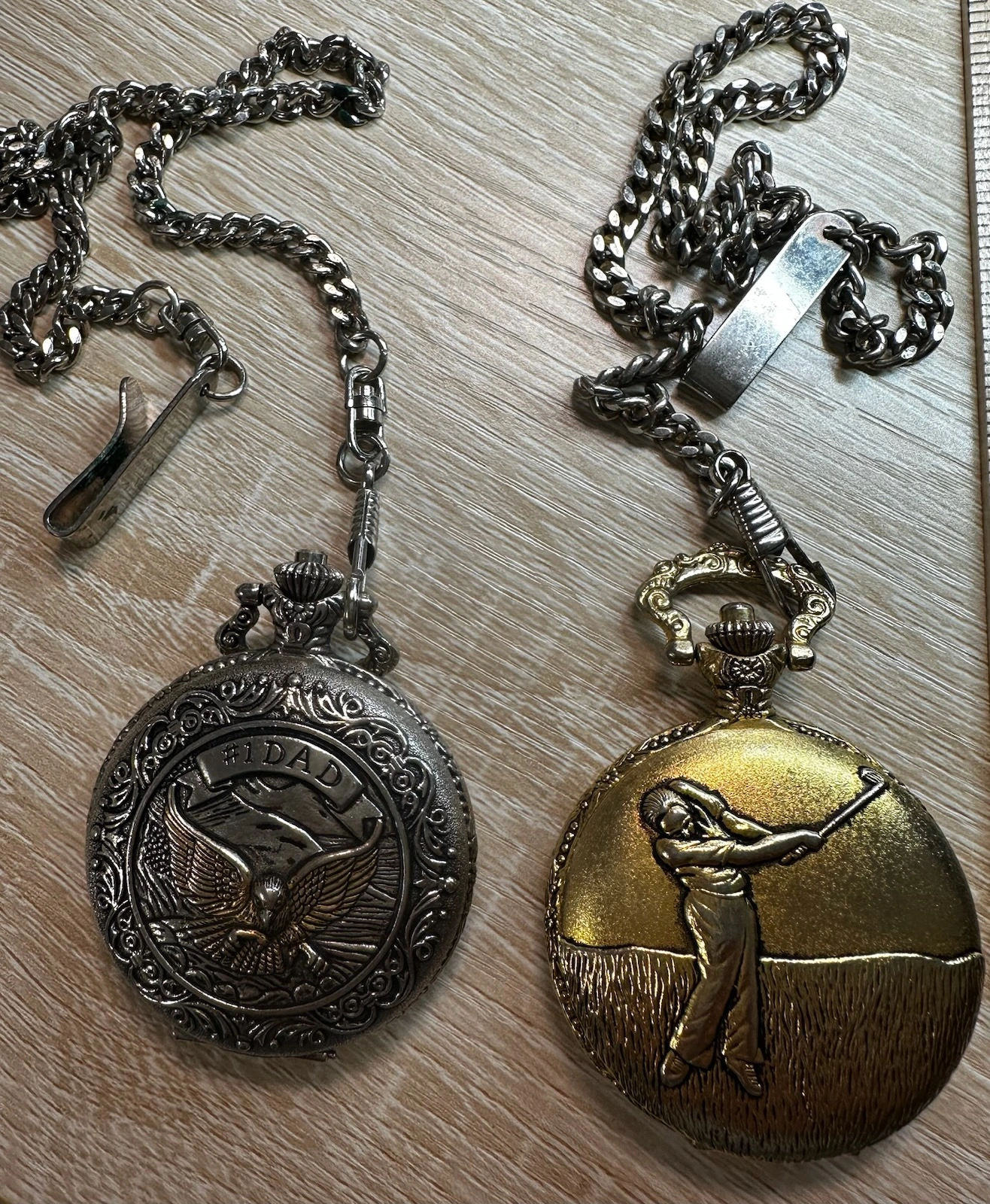 2 pc lot Milan Pocket Watches with chain - sold as is - (#1 Dad and Golfer designs)