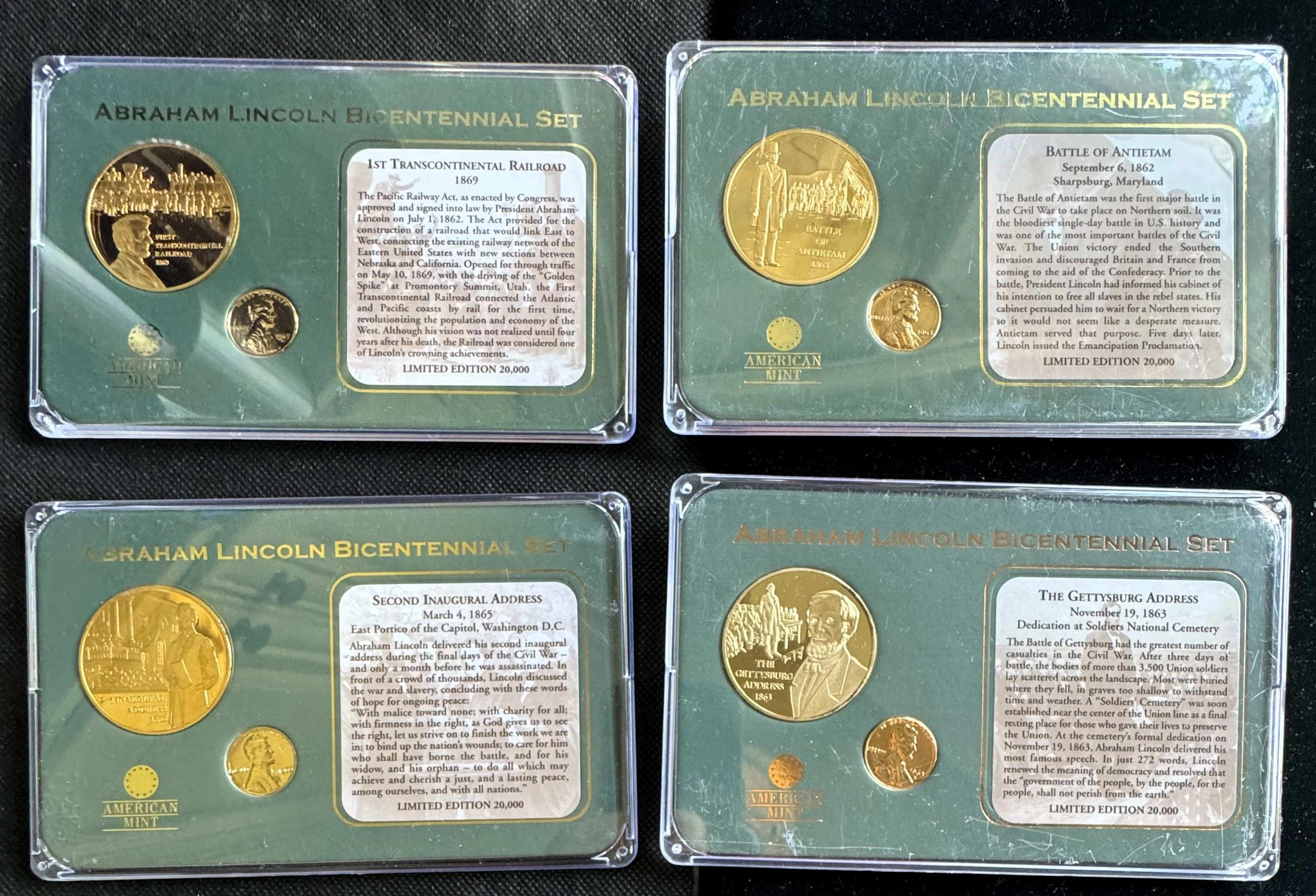ABRAHAM LINCOLN BICENTENNIAL, 24K GOLD LAYERED PROOF SET (4 DIFFERENT SETS), ABSOLUTE GEMS IN ORIG CASES. LIMITED 20K EDITION