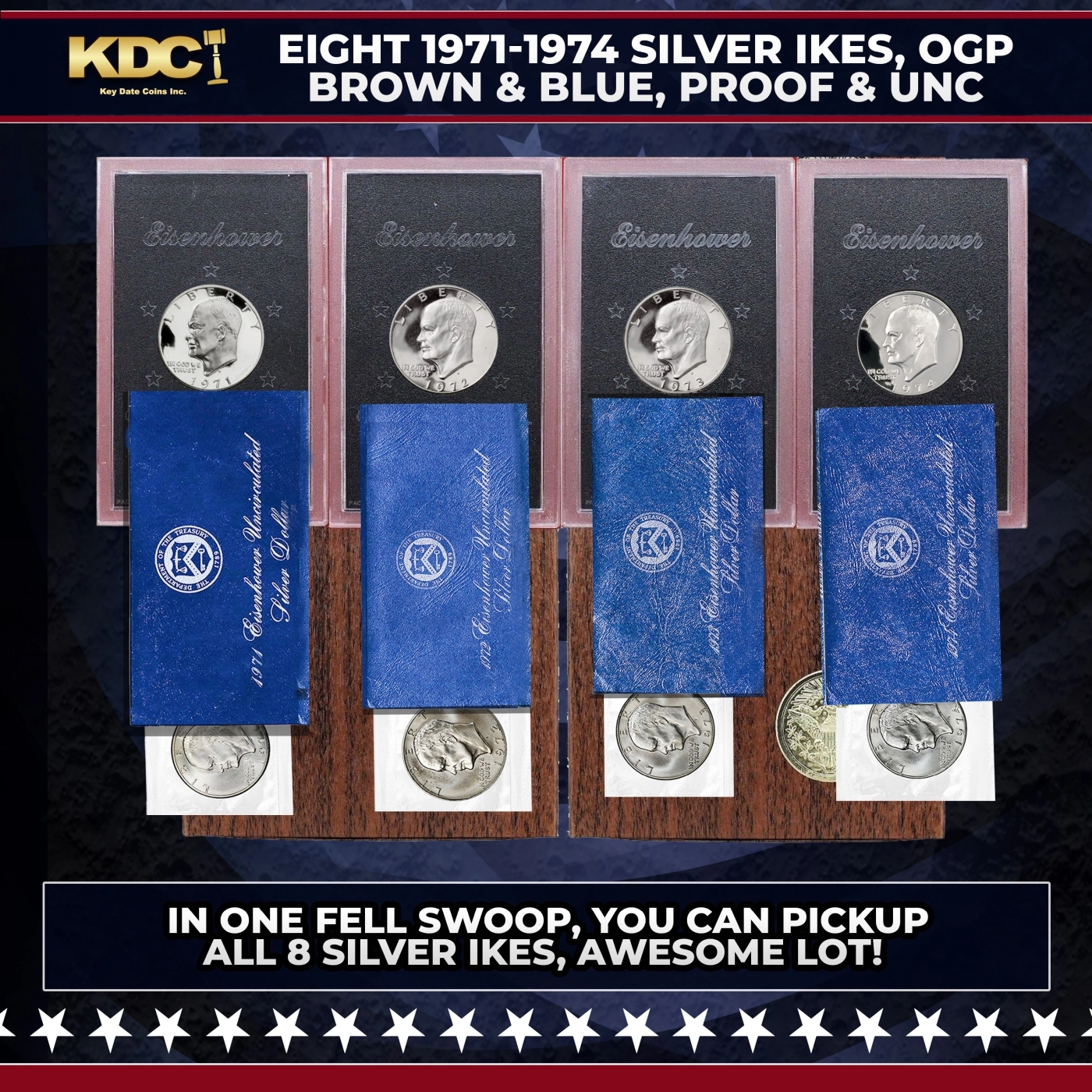 1971-1974 Full US Mint Silver Proof "Blue Ikes" and "Brown Ikes" Run, In Original Packaging - 8 Coins Total   Government Surplus Auction - Photo #2