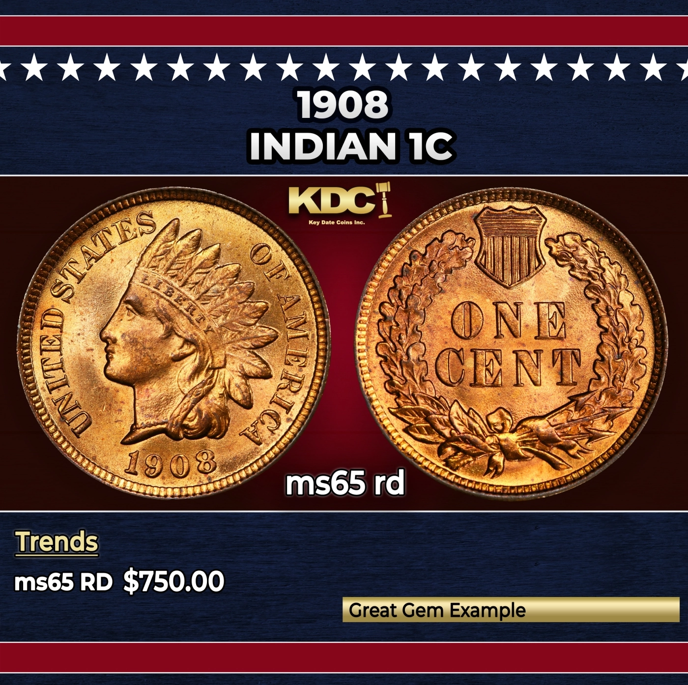 1908 Indian Cent . 1c Grades ms65 rd   Government Surplus Auction - Photo #5