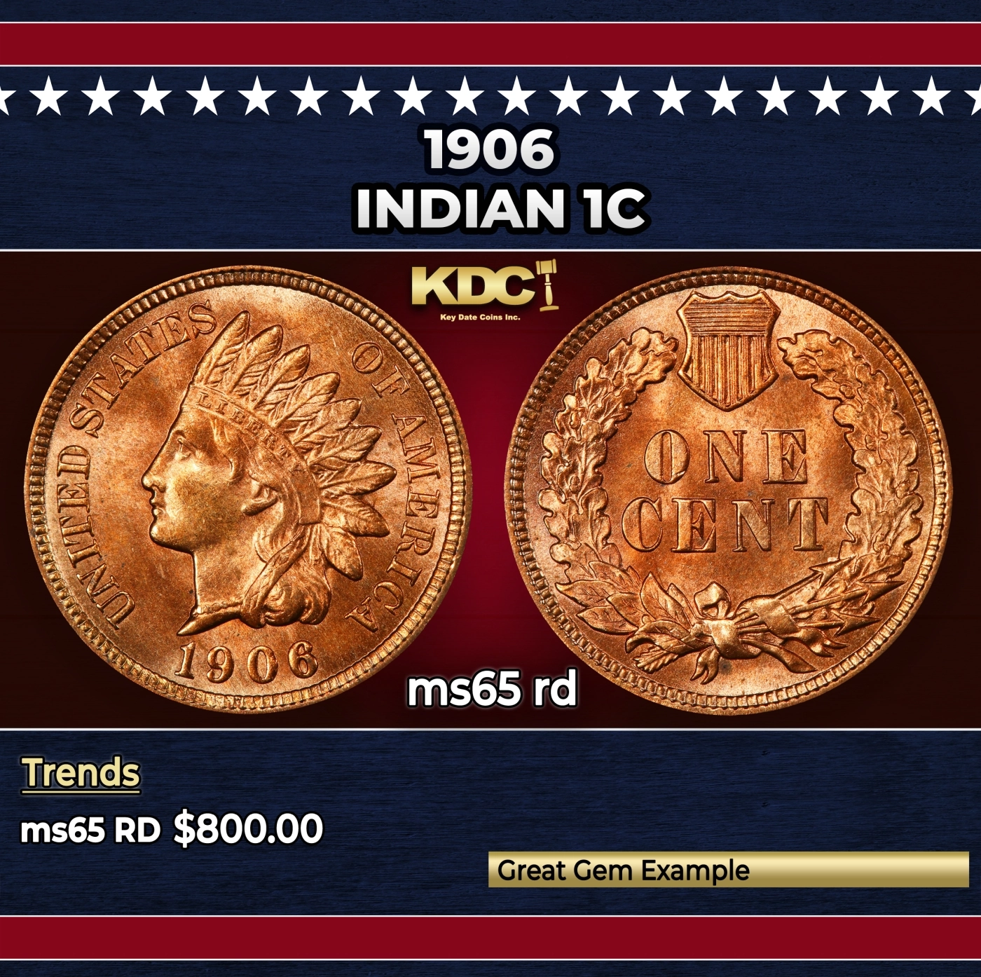1906 Indian Cent . 1c Grades ms65 rd   Government Surplus Auction - Photo #5