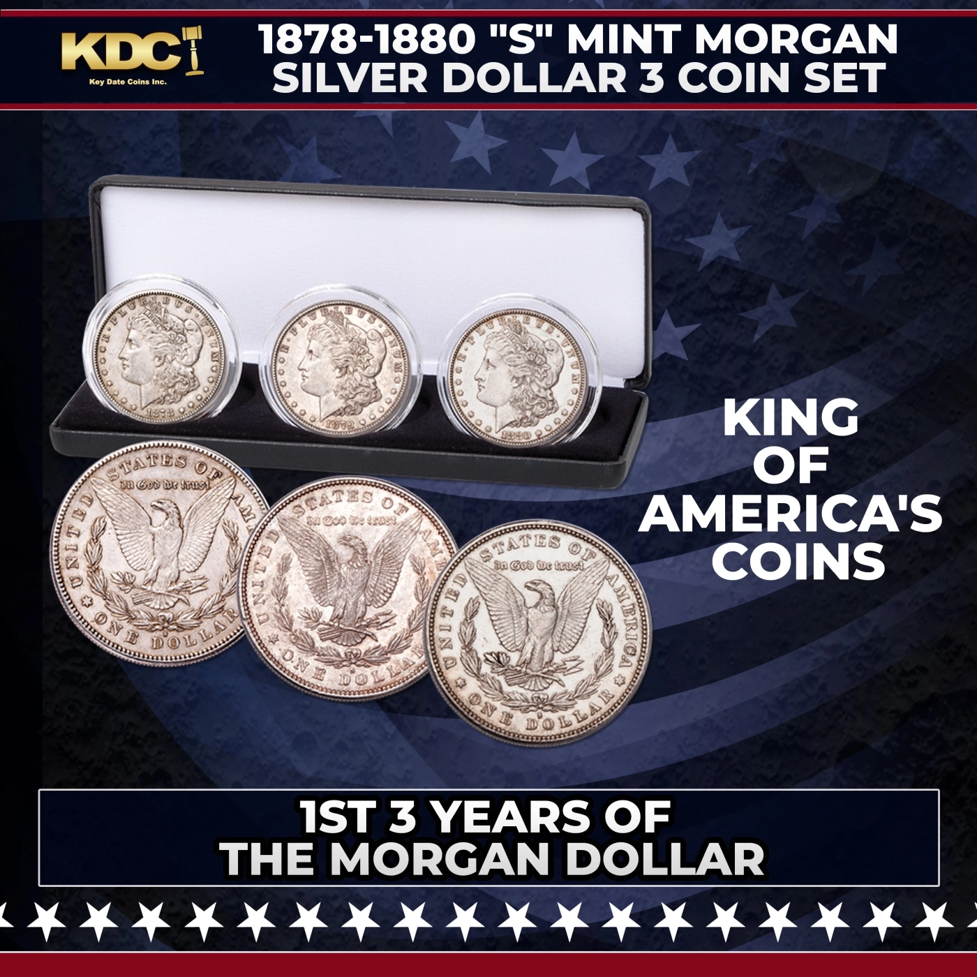 1878-1880 "S" Mint Morgan Silver Dollar 3 Coin Set With Case. 1st 3 Years Of The Morgan Dollar Case 1878 Government Surplus Auction - Photo #2
