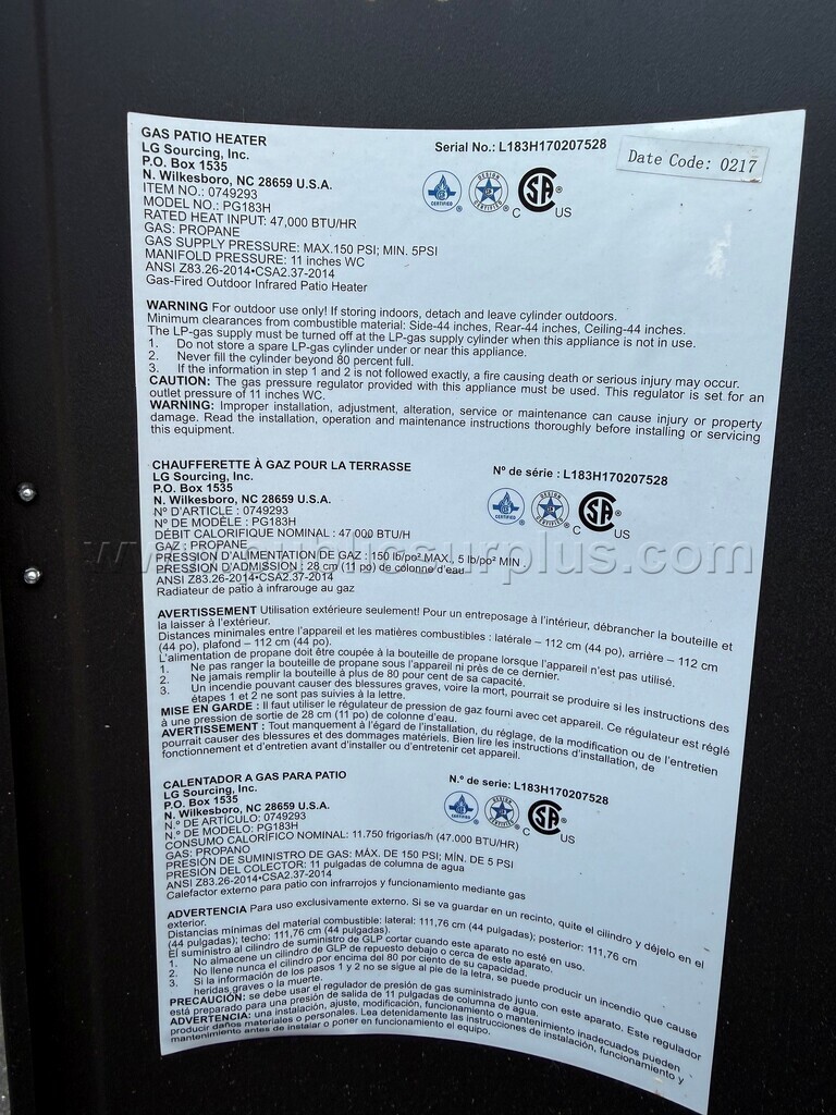 Garden Treasures PG183H 47000 BTU Patio Heater 1  PG183H Government Surplus Auction - Photo #3