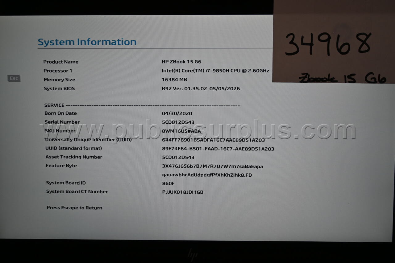 HP ZBook 15 G6 Laptop i7-9850H 2.6 GHz 16GB RAM - Free Shipping! Ram 9850H Government Surplus Auction - Photo #5